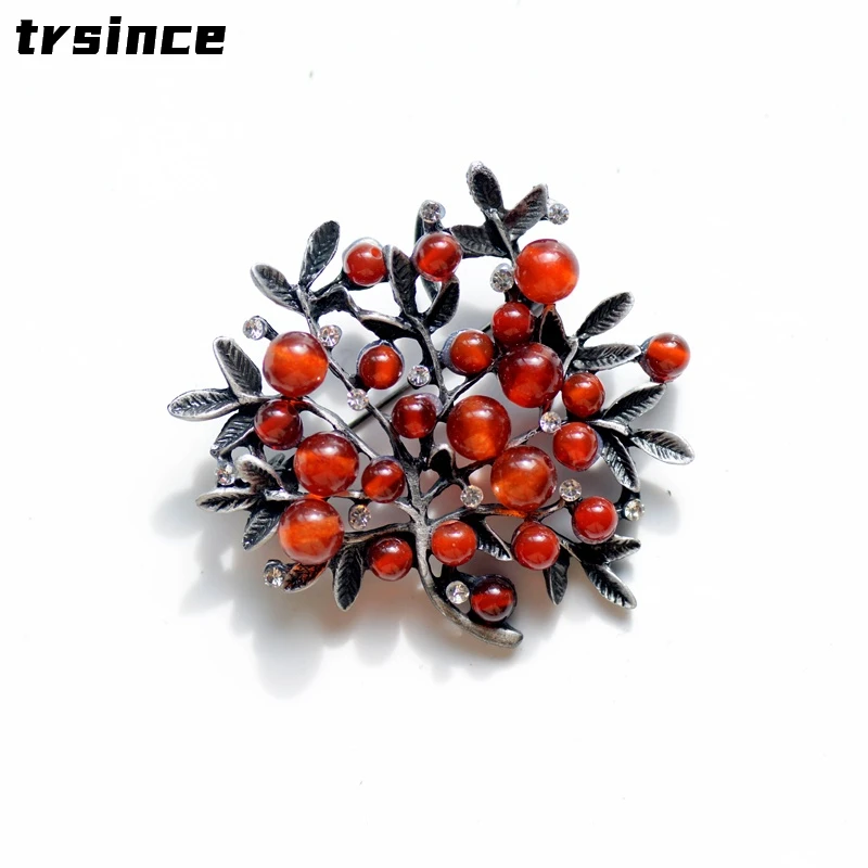 Women Accessories Bouquet - Rote Strass bäume Brosche Naturstein Pin