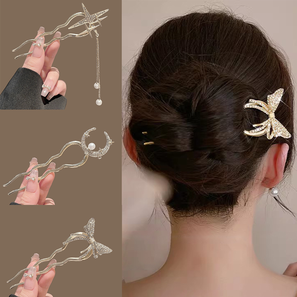 Women Accessories Shop - Perlen-Blumen-Herz-Mond U-förmige Haarnadel für Frauen Schleife