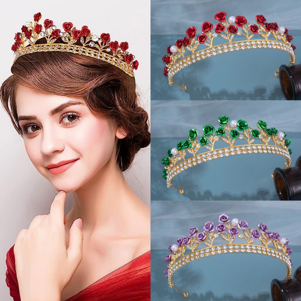 Women'S Hair Accessories Wedding - Barocke Keramik-Brautkrone Strass-Diadem Haarschmuck Kristall-Perlen-Rosenkrone Tiara