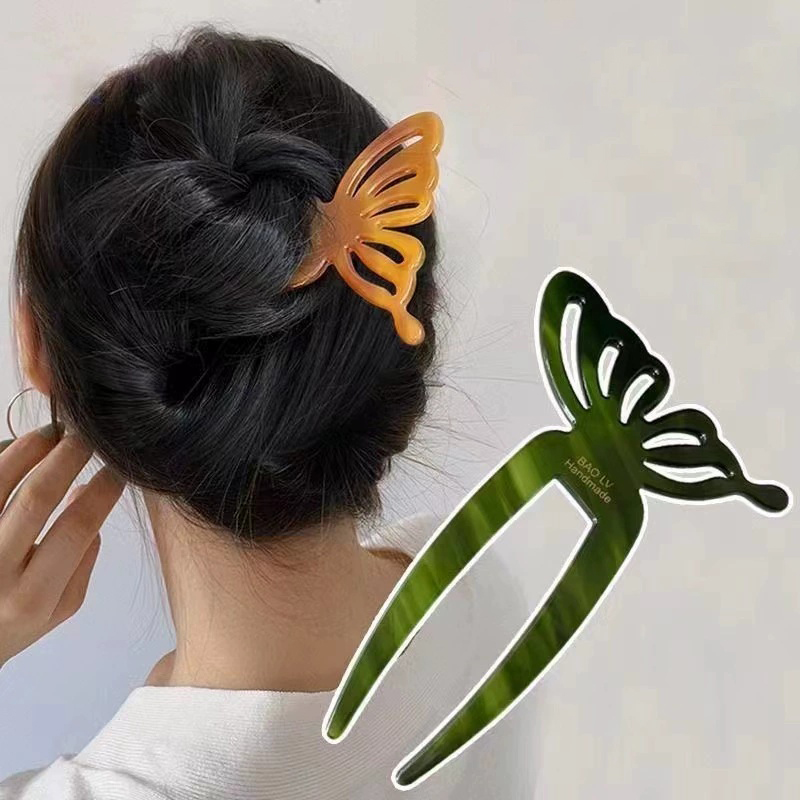 Women Accessories Shop - Elegante Essigsäure-Schmetterlings-U-förmige Haarstäbchen, Dutt-Haarnadeln für Frauen
